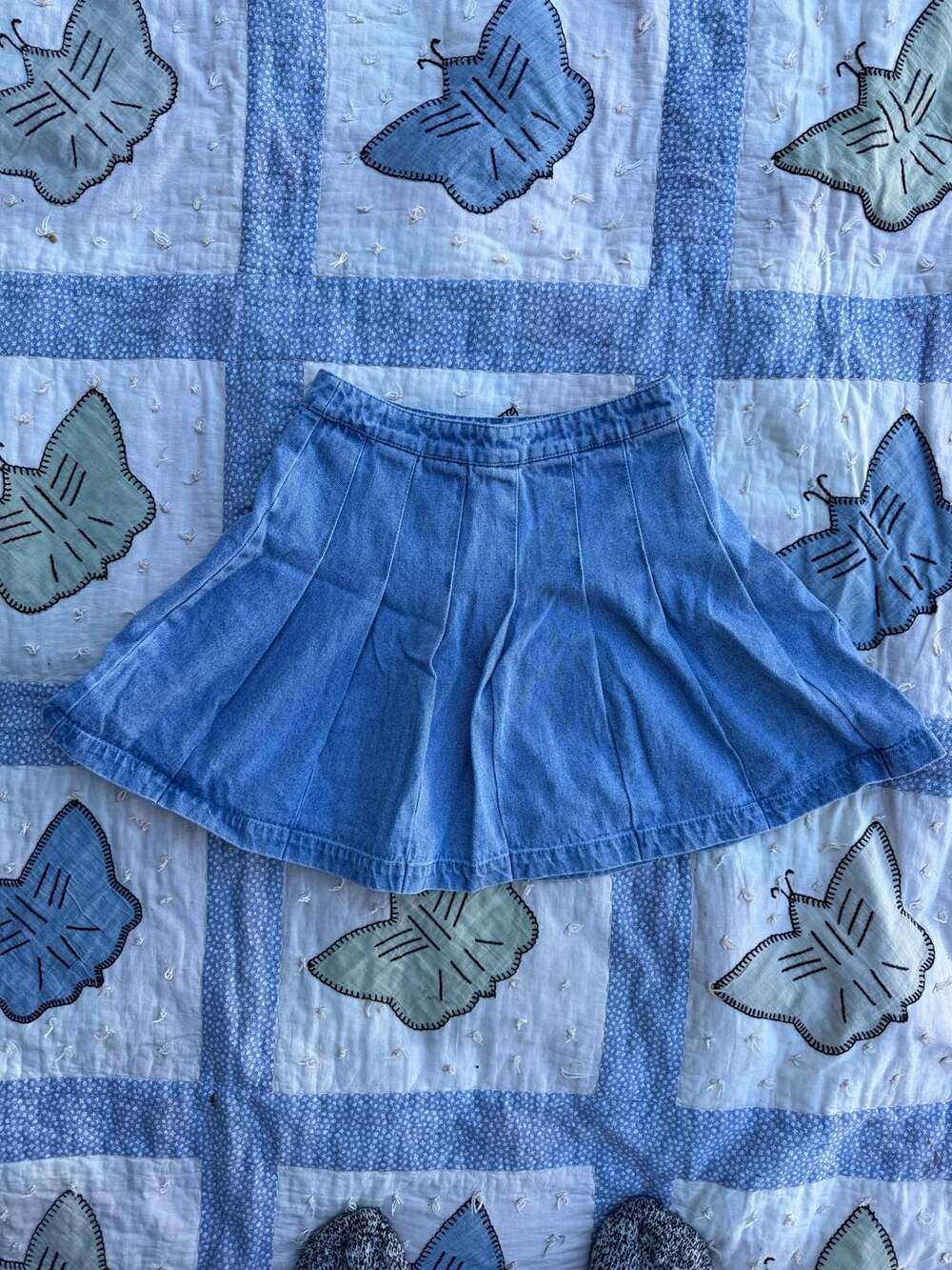 Forever 21 Light Wash Pleated Denim Flare Mini Skirt
